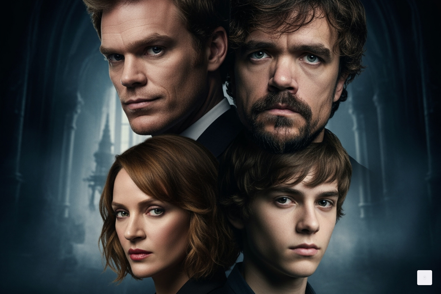 Collage featuring the main cast of Dexter: Resurrection including Michael C. Hall, Peter Dinklage, Uma Thurman, and Jack Alcott - dexter: resurrection