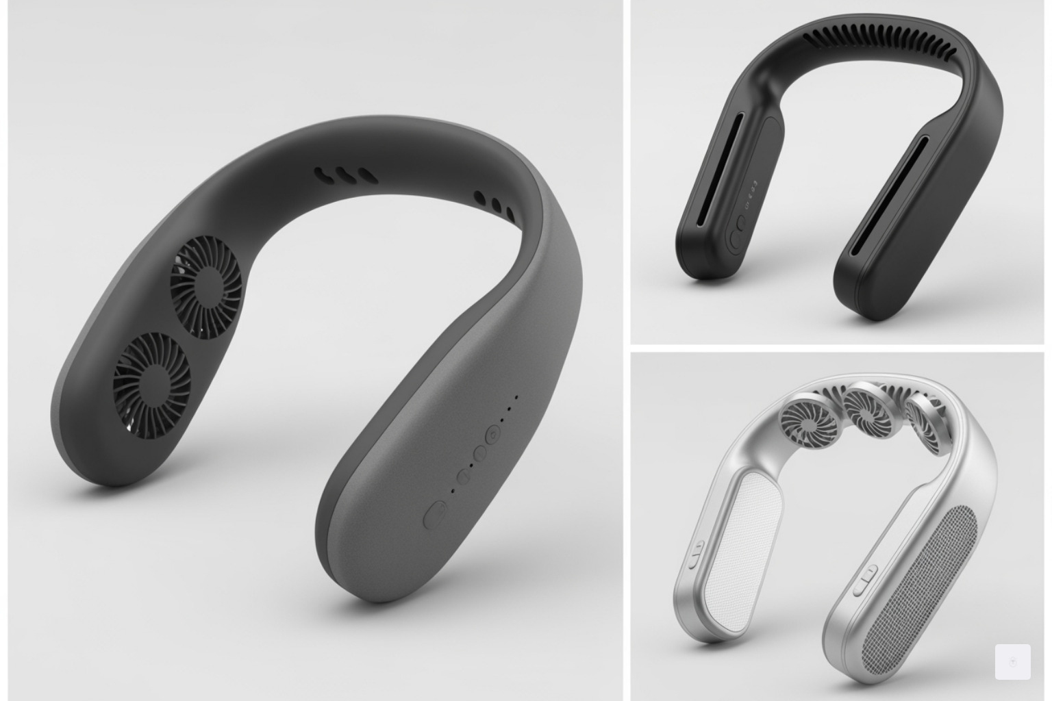 collage showcasing different neck fan designs: a flexible wrap-around, a rigid U-shape, and one with visible cooling plates. - neck fan
