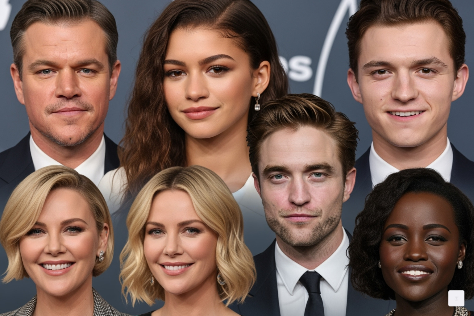 Collage of Matt Damon, Tom Holland, Zendaya, Anne Hathaway, Robert Pattinson, Charlize Theron, and Lupita Nyong'o - the odyssey 2026