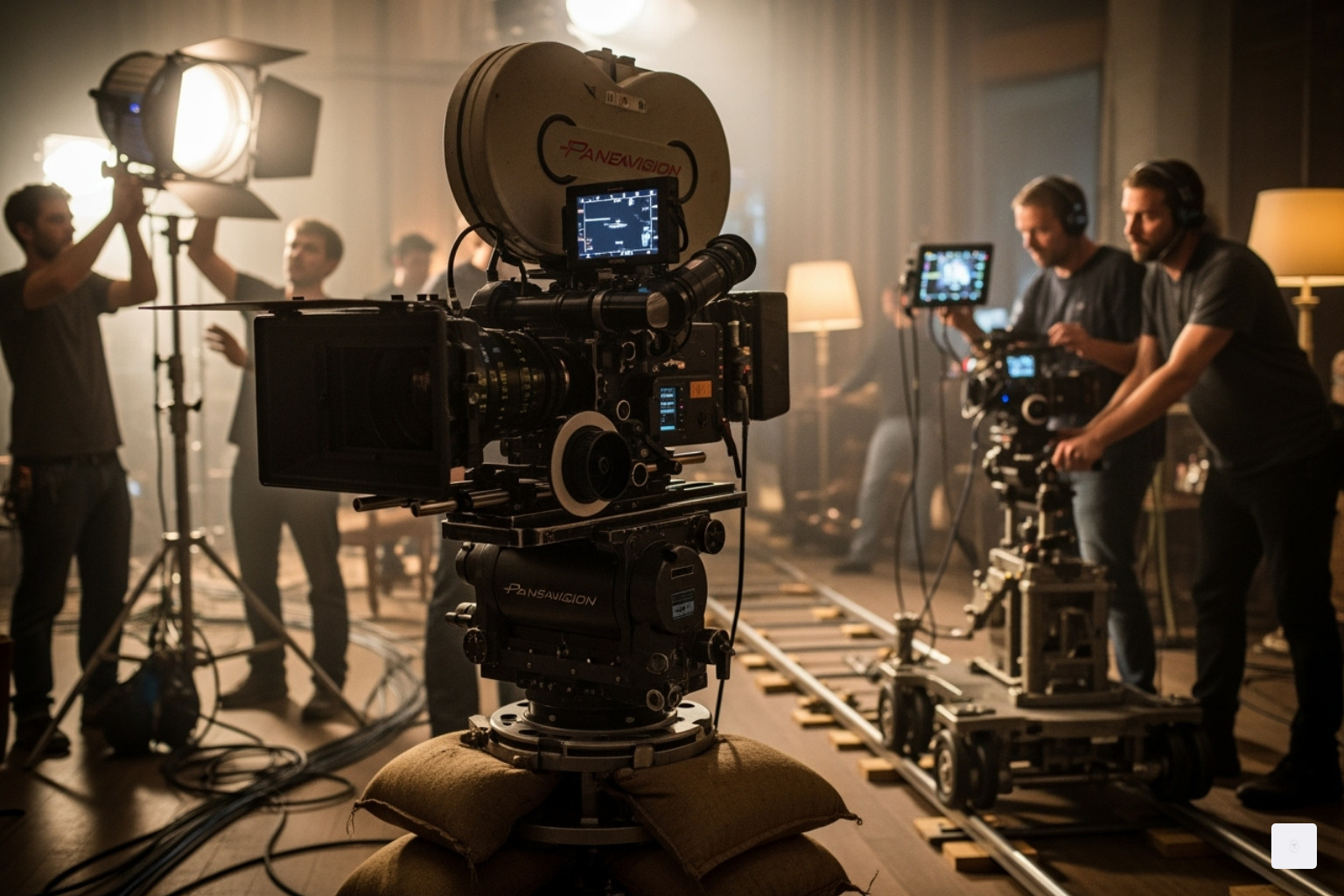 A large format film camera on a set, with crew visible in the background - the odyssey 2026