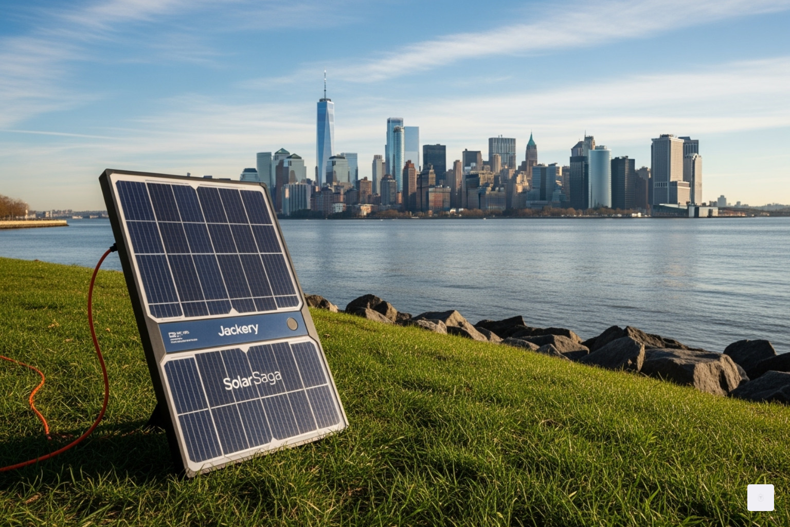 Jackery SolarSaga panel with Hudson River in the background - jackery
