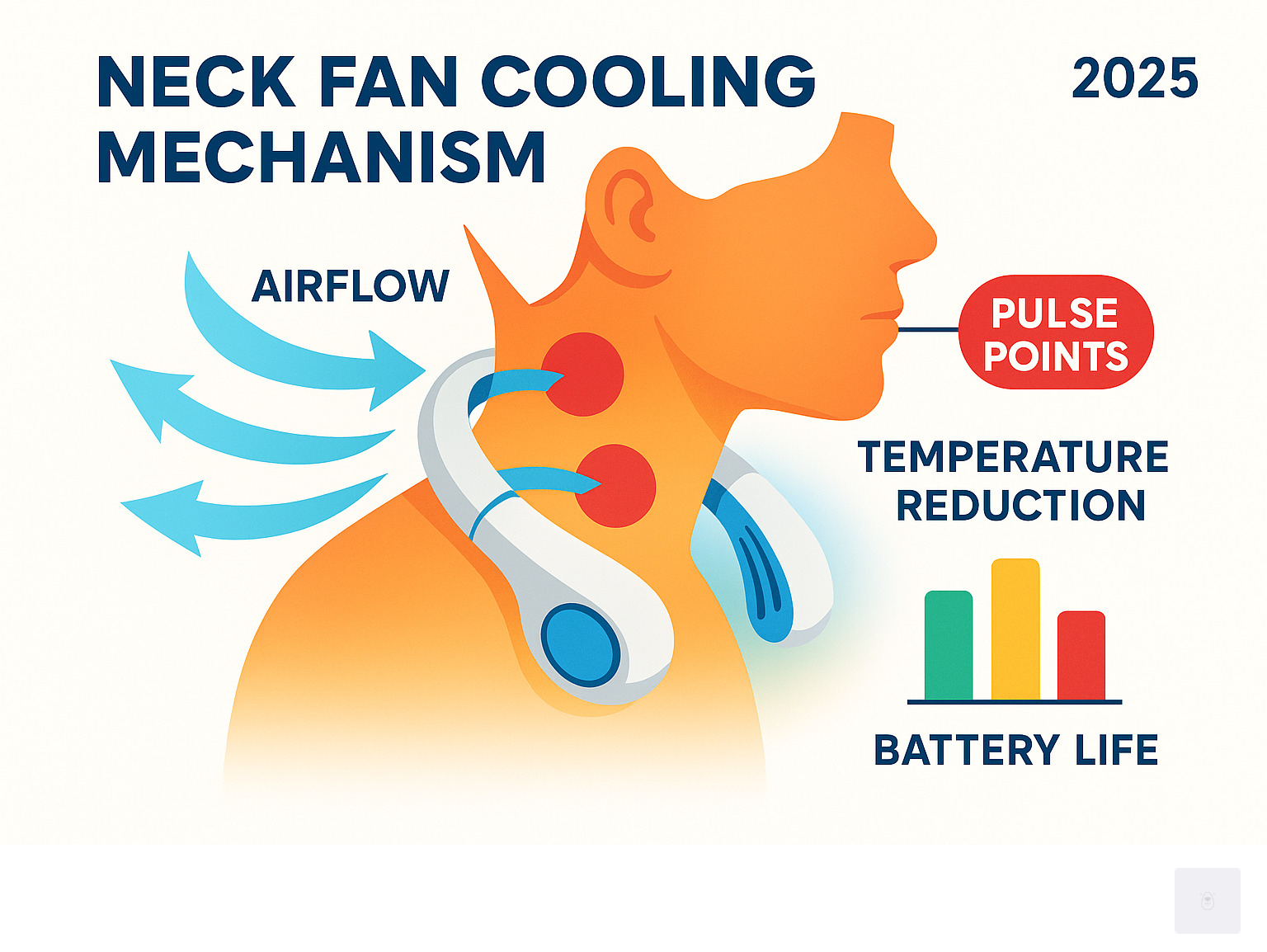 Infographic showing neck fan cooling mechanism with arrows indicating airflow around pulse points on the neck, temperature reduction zones, and battery life comparison across different speed settings - neck fan infographic 