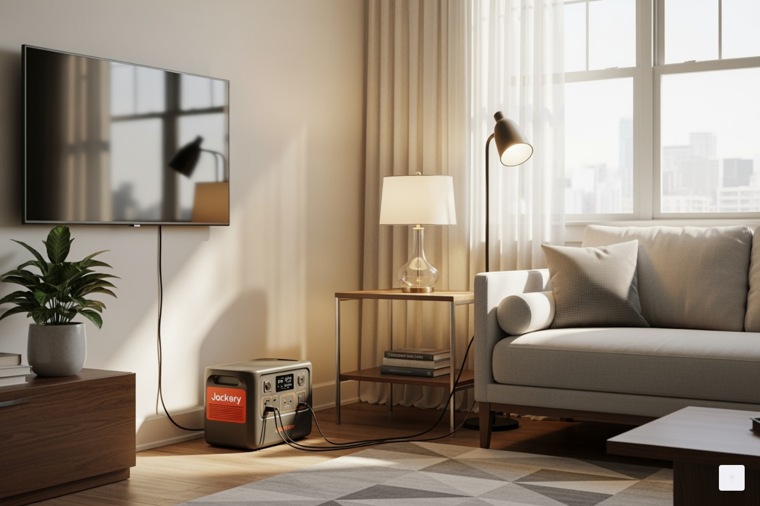 Jackery Solar Generator 5000 Plus seamlessly integrated as a home backup power source in a stylish apartment - jackery