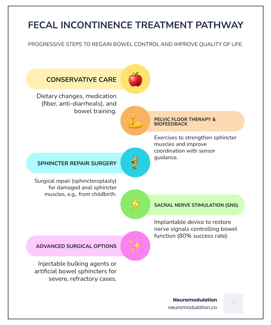Comprehensive treatment pathway infographic showing progression from conservative treatments like diet modification and pelvic floor exercises through biofeedback therapy to surgical options including sphincter repair and sacral nerve stimulation, with success rates and decision points clearly marked - fecal incontinence treatment infographic infographic-line-5-steps-colors
