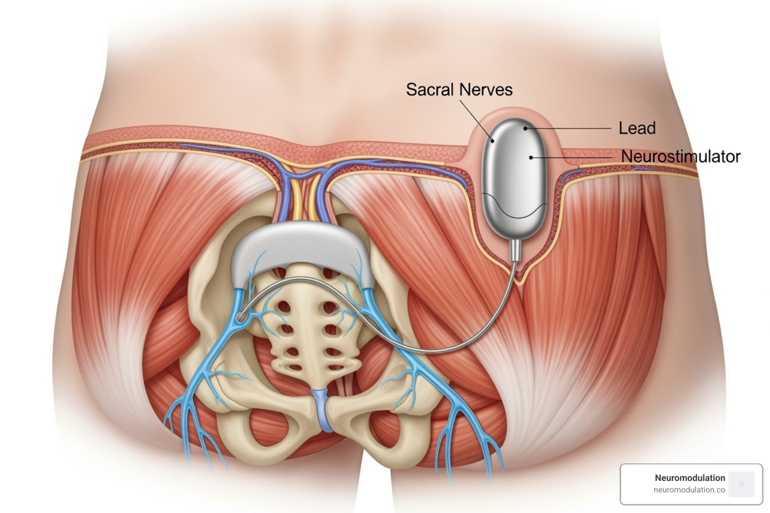illustration of the placement of a sacral nerve stimulation device - fecal incontinence treatment