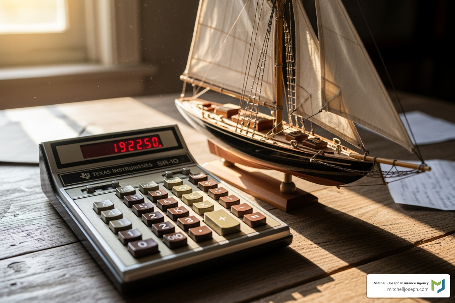 of a calculator next to a model boat - how much is boat insurance in ny