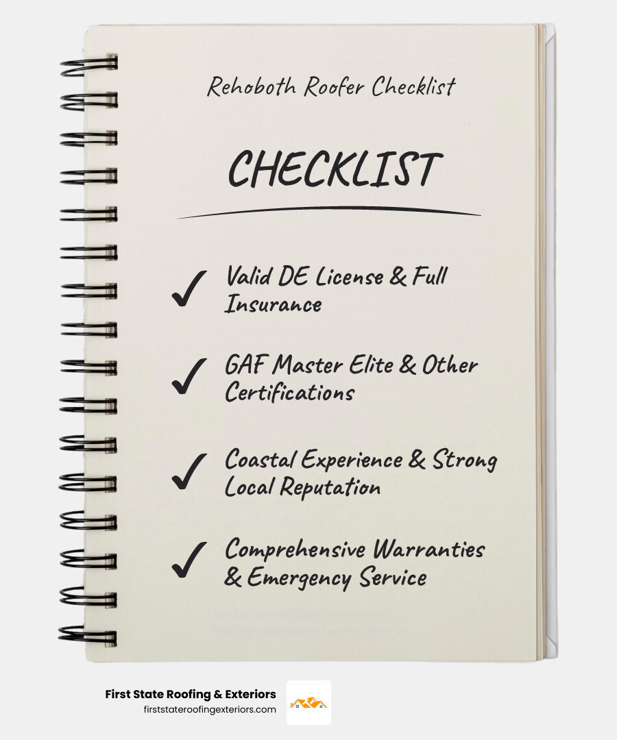 Infographic showing key factors to consider when choosing a Rehoboth Beach roofer including licensing requirements, insurance verification, manufacturer certifications like GAF Master Elite, local experience with coastal conditions, emergency service availability, and warranty protection details - rehoboth beach roofer infographic checklist-notebook