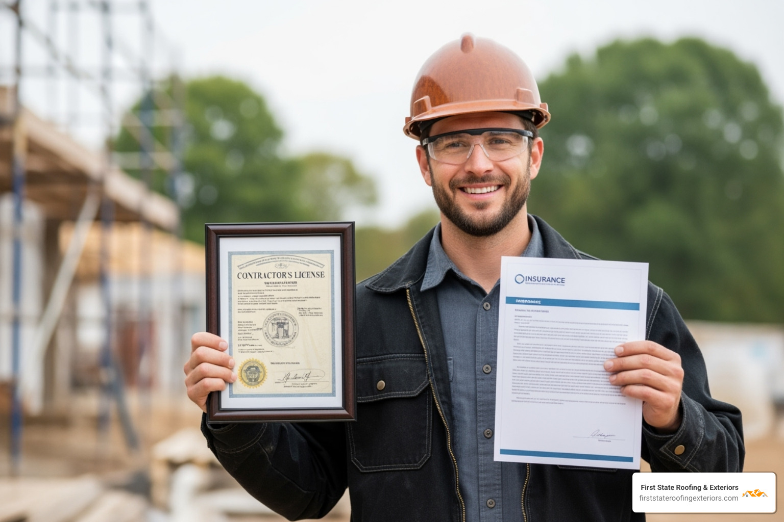 certified roofer showing license and insurance documents - rehoboth beach roofer