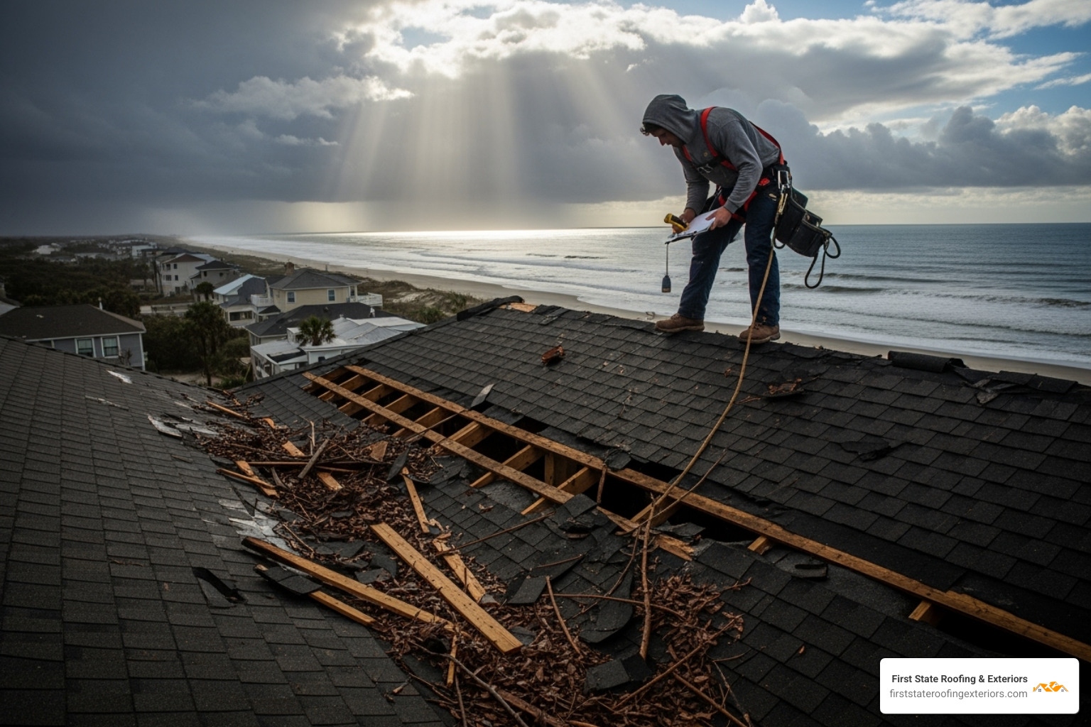 roofer inspecting storm-damaged roof with ocean in background - rehoboth beach roofer