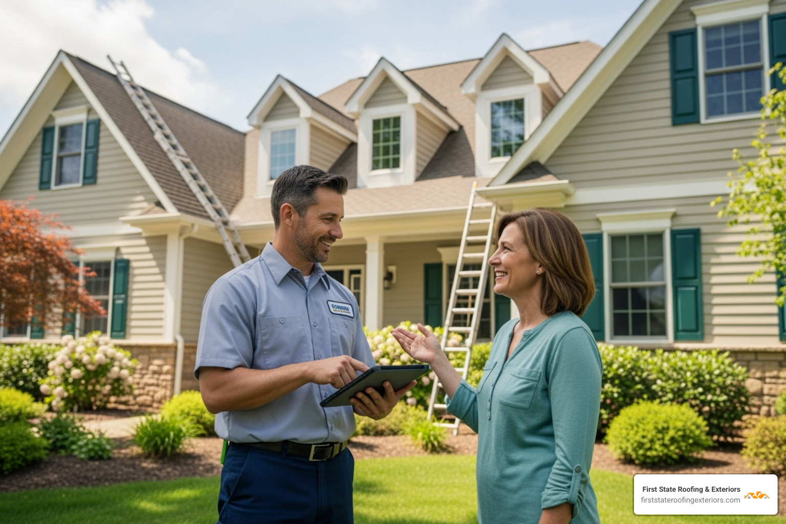 a homeowner talking to a friendly, professional roofer in front of their house - roofer near me a homeowner talking to a friendly, professional roofer in front of their house - roofer near me