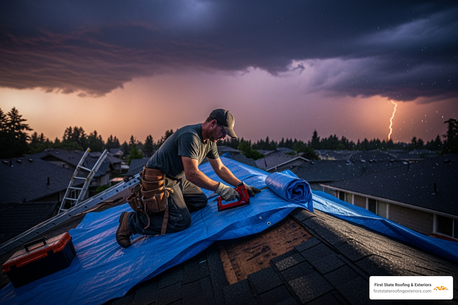 a roofer securing a tarp over a storm-damaged roof at dusk - roofer near me a roofer securing a tarp over a storm-damaged roof at dusk - roofer near me