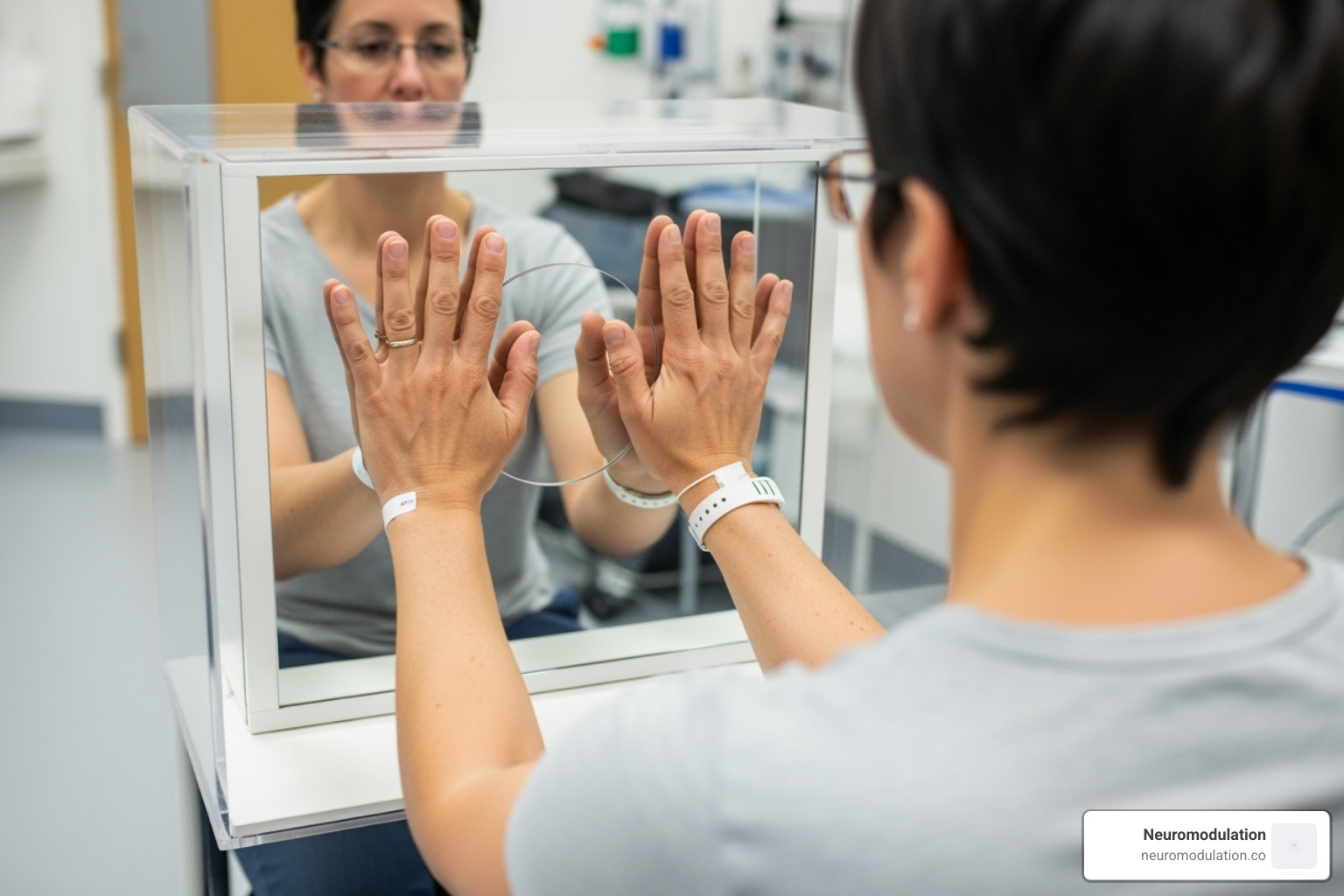 A patient is sitting in front of a mirror box, with their intact hand placed on one side and the residual limb on the other, creating the illusion of two intact limbs. - phantom limb pain A patient is sitting in front of a mirror box, with their intact hand placed on one side and the residual limb on the other, creating the illusion of two intact limbs. - phantom limb pain