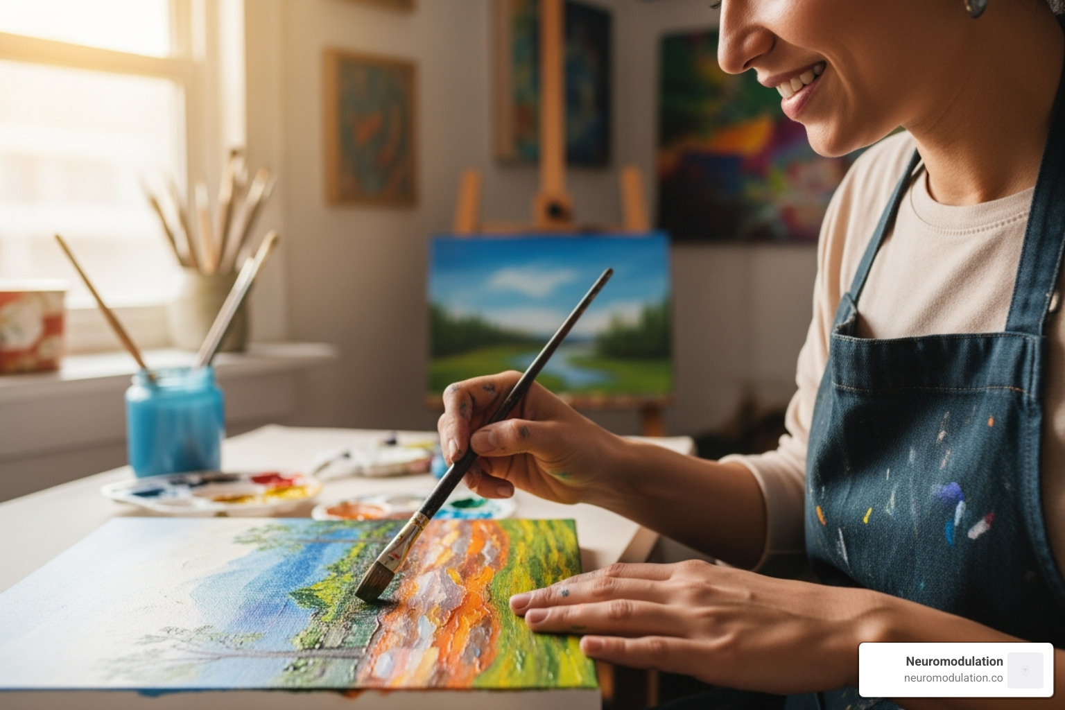 A person is happily engaged in a hobby, possibly painting or crafting, with a focused and contented expression. Their hands are visible, symbolizing functionality and a return to a fulfilling life despite challenges. - phantom limb pain A person is happily engaged in a hobby, possibly painting or crafting, with a focused and contented expression. Their hands are visible, symbolizing functionality and a return to a fulfilling life despite challenges. - phantom limb pain