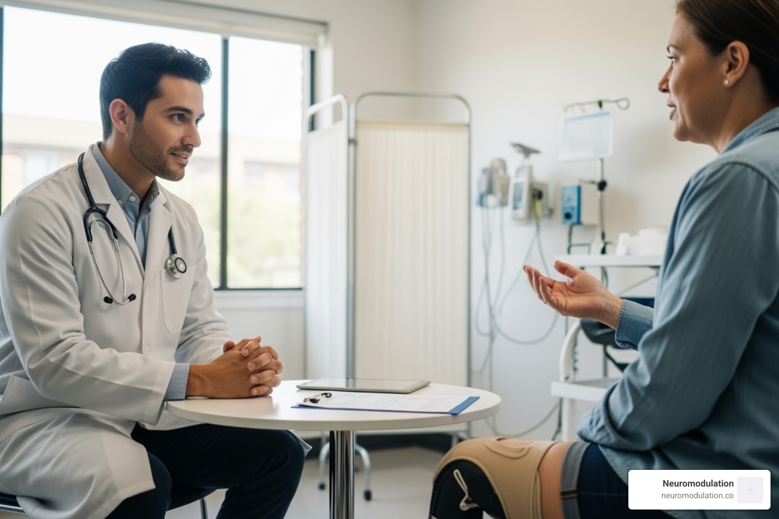 A healthcare provider and a patient with an amputated limb sitting and talking. The provider is listening attentively to the patient, symbolizing a supportive consultation. - phantom limb pain A healthcare provider and a patient with an amputated limb sitting and talking. The provider is listening attentively to the patient, symbolizing a supportive consultation. - phantom limb pain
