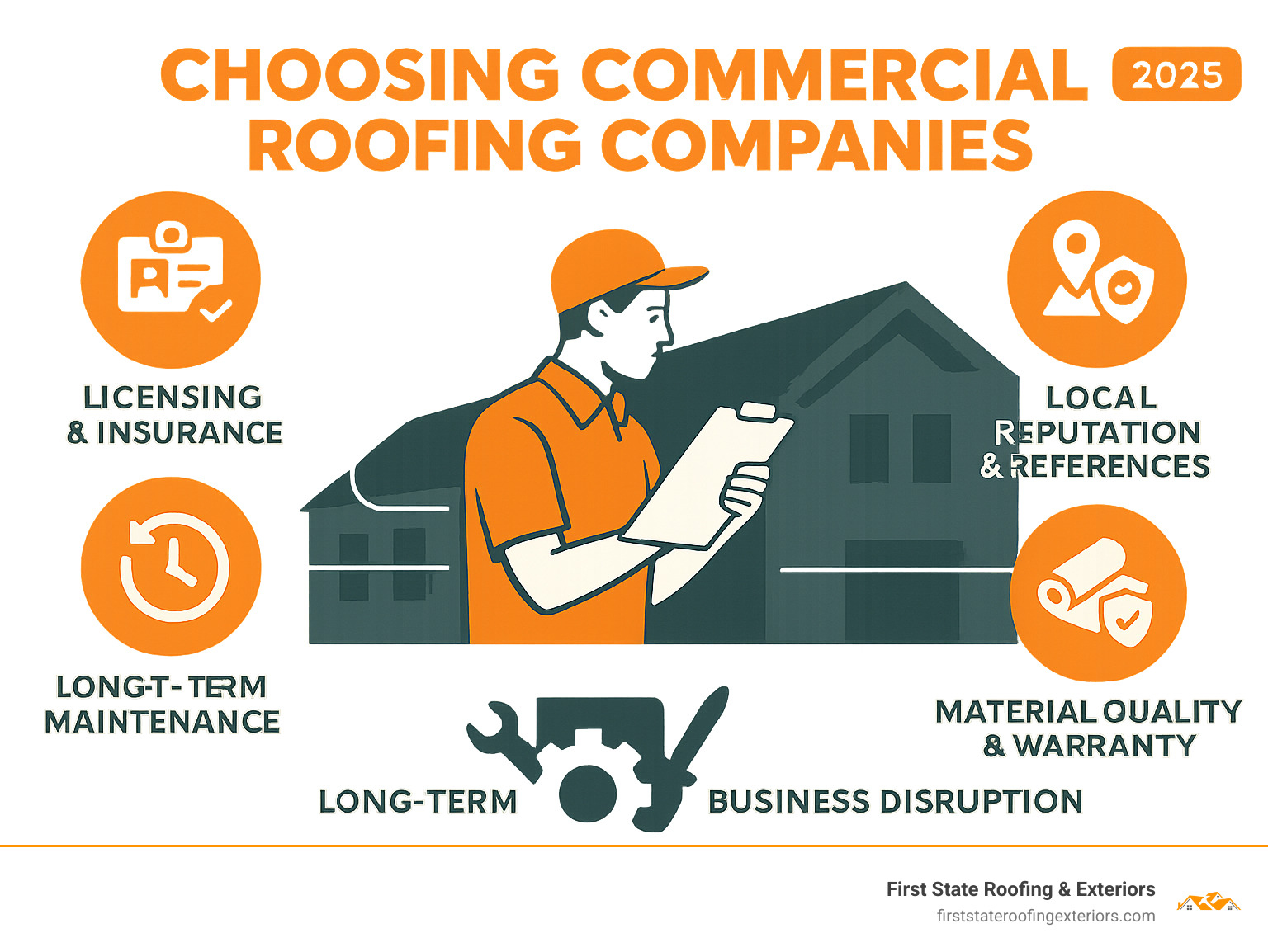 Infographic showing the key factors to consider when choosing commercial roofing companies: licensing and insurance verification, local reputation and references, material quality and warranty options, project timeline and business disruption minimization, and long-term maintenance support - roofing companies in smyrna infographic 