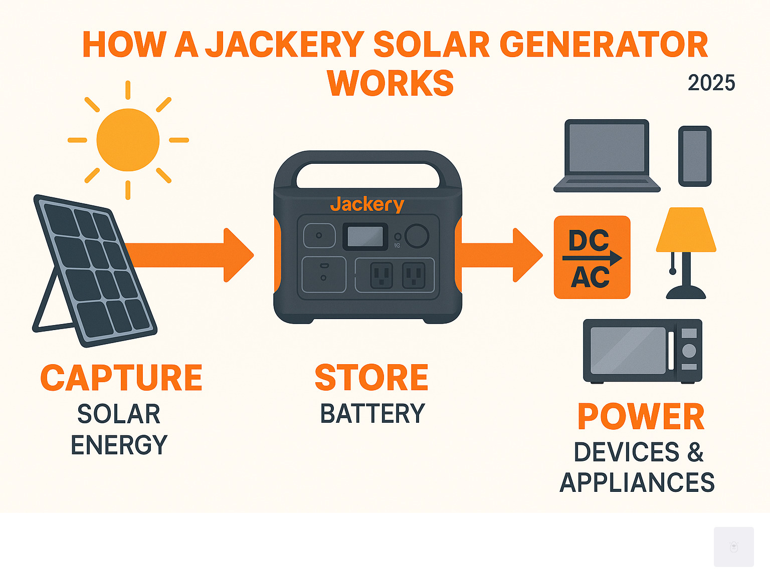 Infographic showing how Jackery Solar Generator captures solar energy with panels, stores it in portable power station battery, and converts DC to AC power through inverter to power laptops, phones, lights and appliances - jackery infographic 