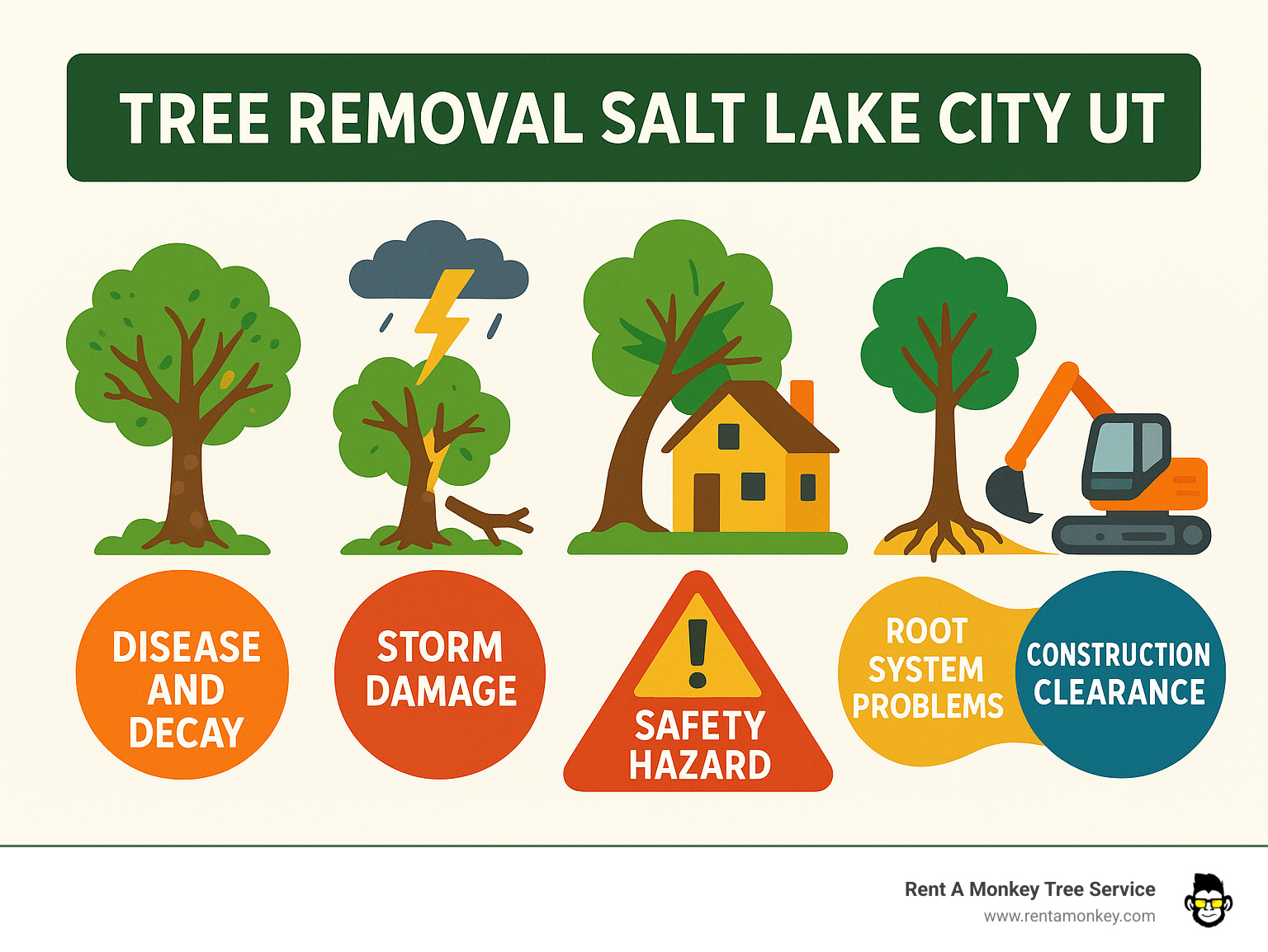 Top 5 reasons homeowners need tree removal: disease and decay, storm damage and broken branches, safety hazards near structures, root system problems, and construction clearance requirements - tree removal salt lake city ut infographic 