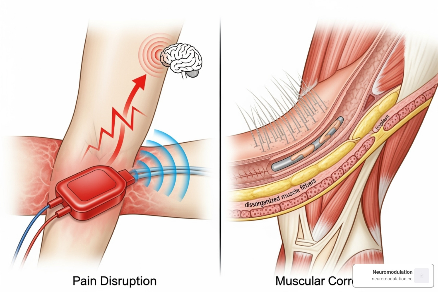 Illustration showing a traditional pain signal being "scrambled" by an external device versus a restorative neuromodulation device correcting an underlying muscular issue - neuromodulation for chronic pain