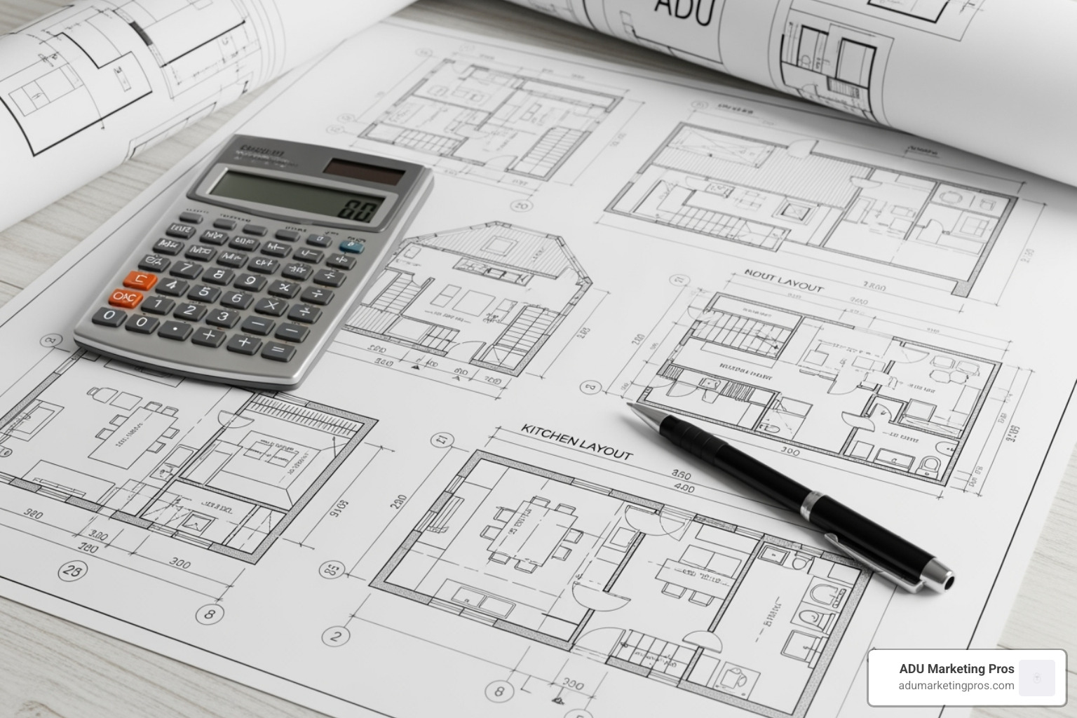 architectural blueprints for an ADU laid out on a table with a calculator and pen - adu financing los angeles