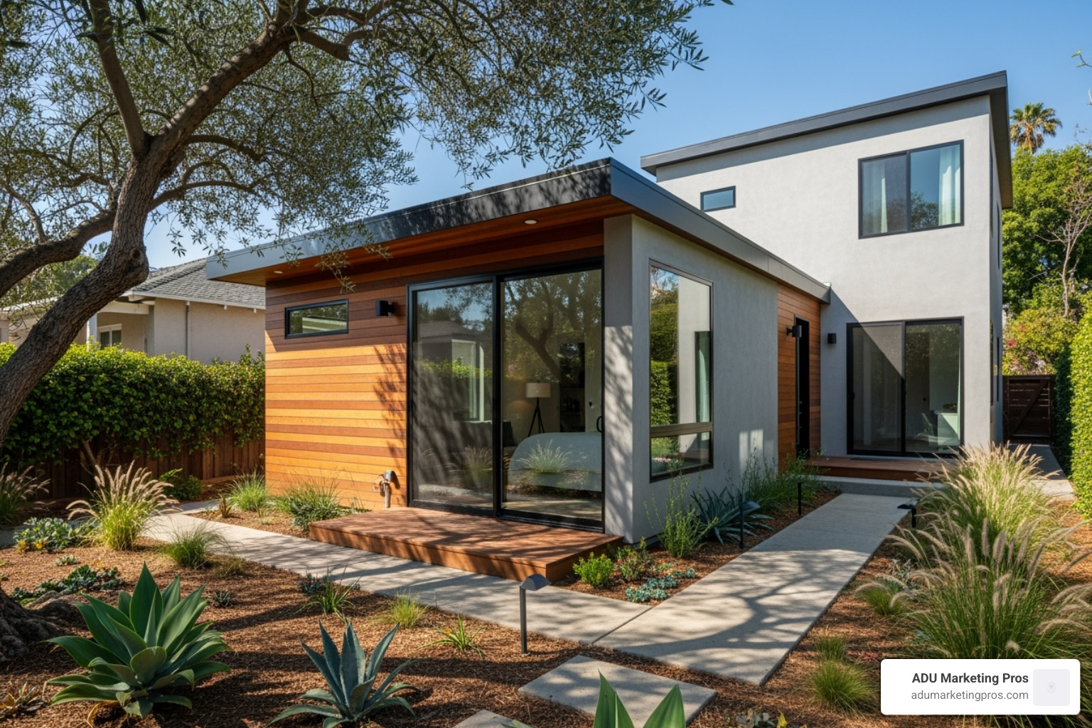 a beautiful, modern ADU in a sunny Los Angeles backyard, integrated seamlessly with the main house and landscaping - adu financing los angeles