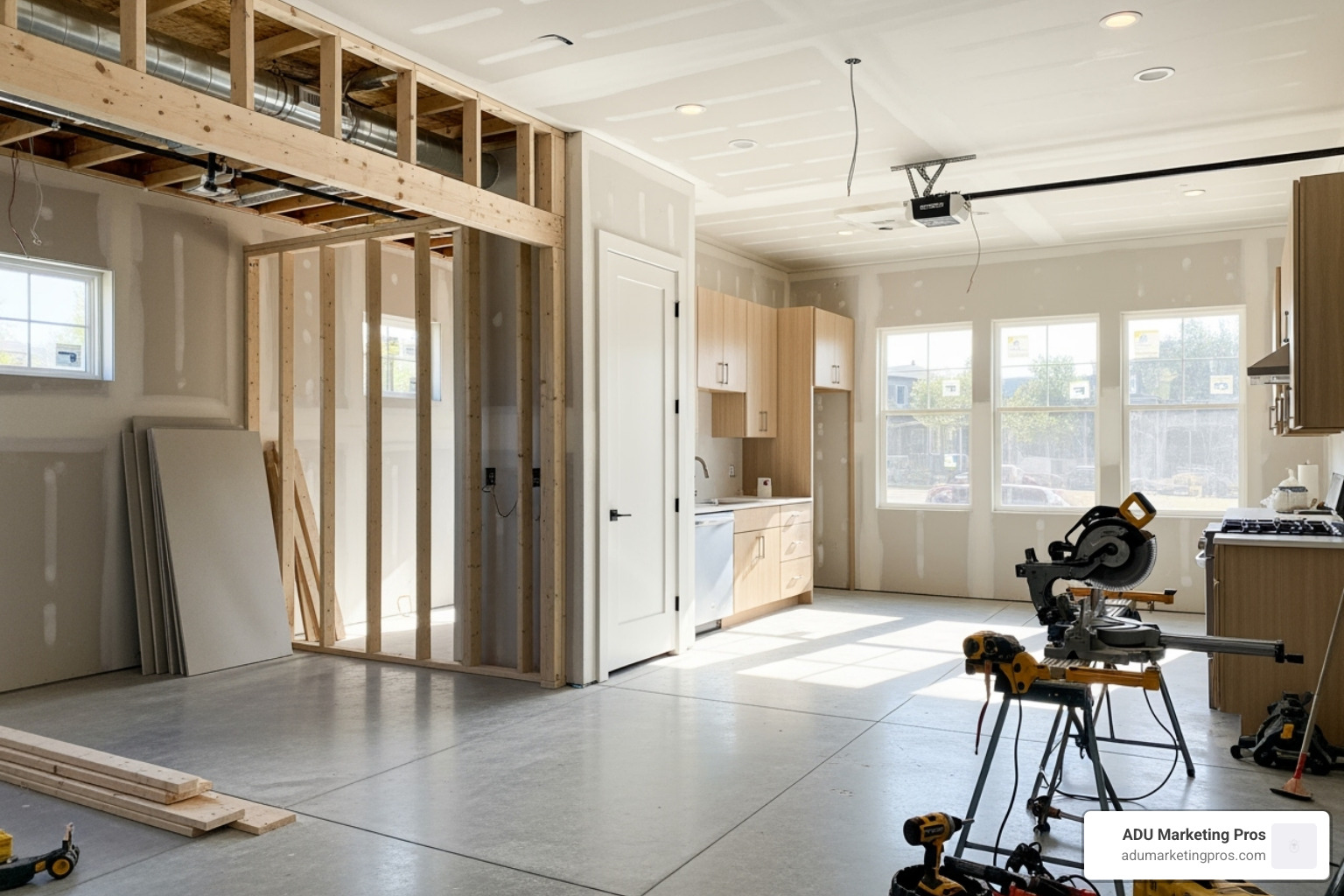 a garage being converted into a stylish, modern ADU - adu financing los angeles