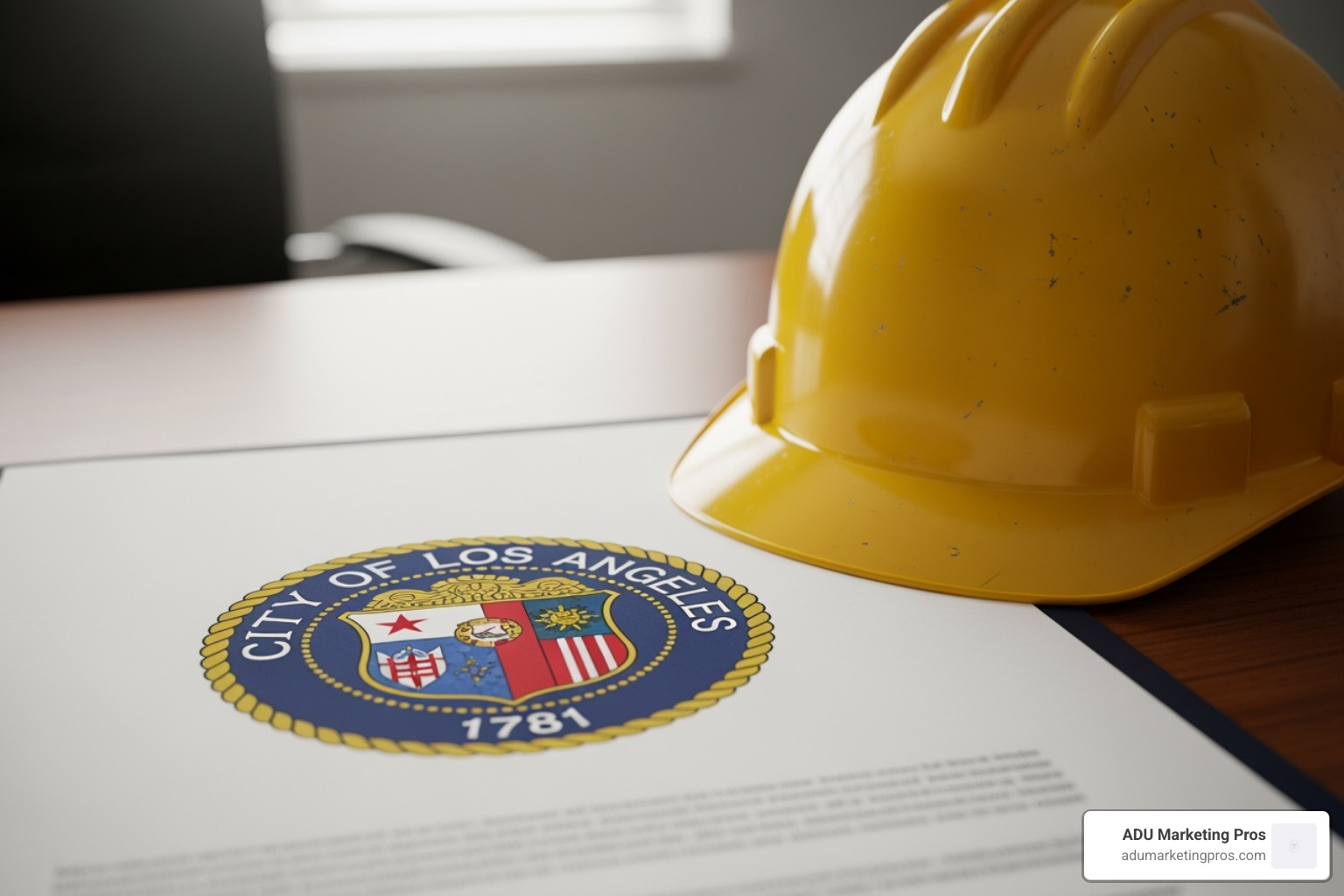 the official seal of the City of Los Angeles on a document next to a hard hat - adu financing los angeles