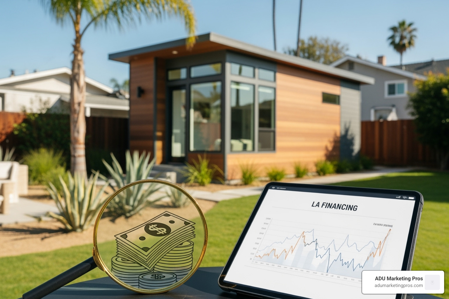 a split-screen showing a single-family home on one side and the same property with a detached ADU and a "For Sale" sign on the other - adu financing los angeles