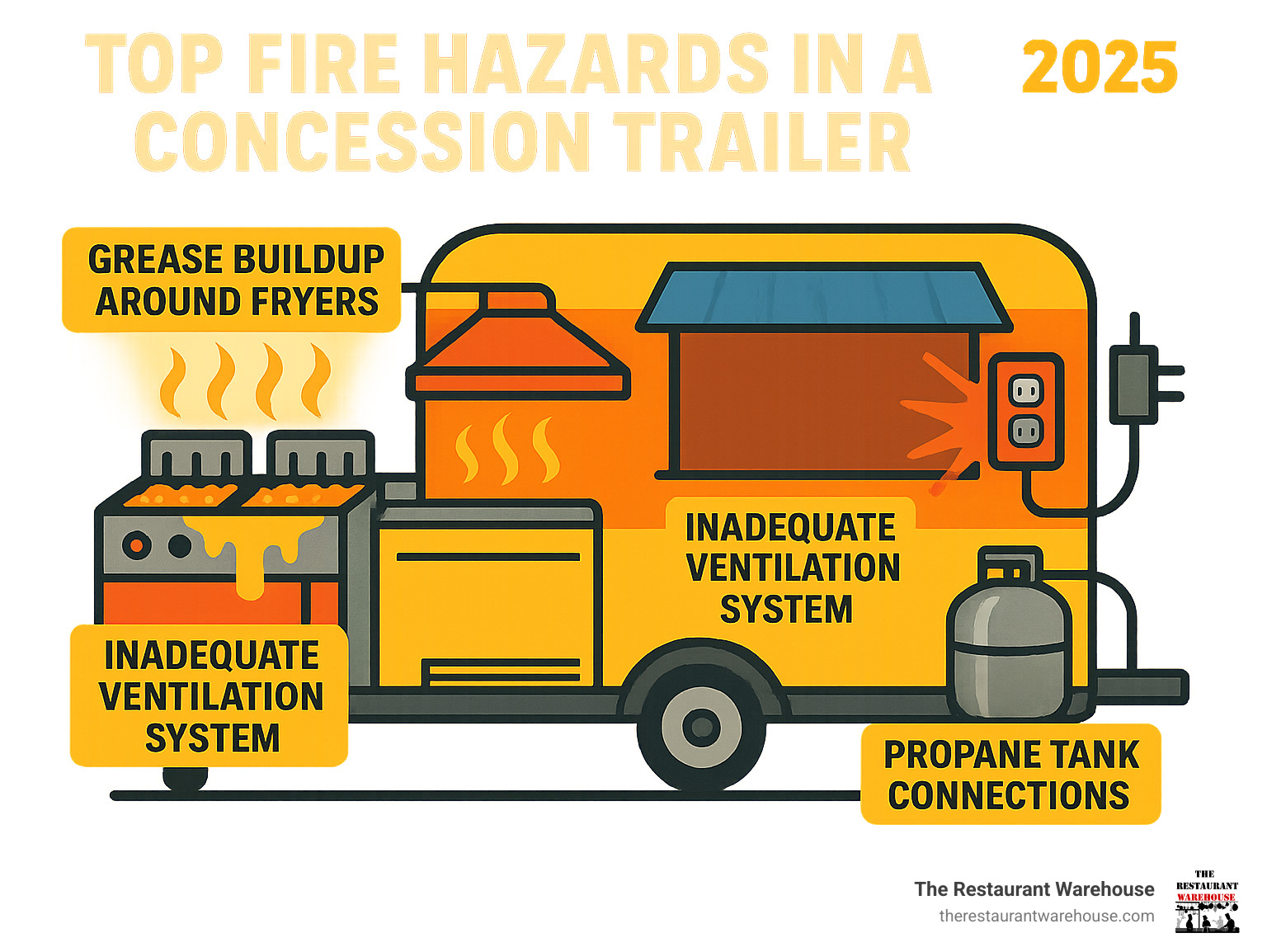 Detailed infographic showing the top fire hazards in a concession trailer including grease buildup around fryers, propane tank connections, overloaded electrical circuits, and inadequate ventilation systems - concession trailer fire suppression system infographic 