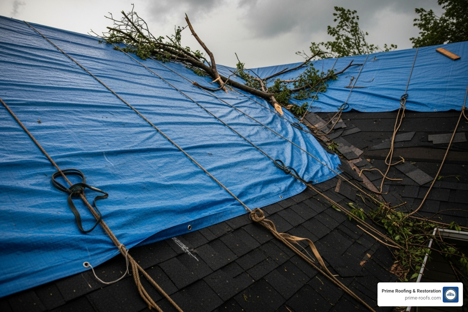 Blue tarp secured over a storm-damaged roof