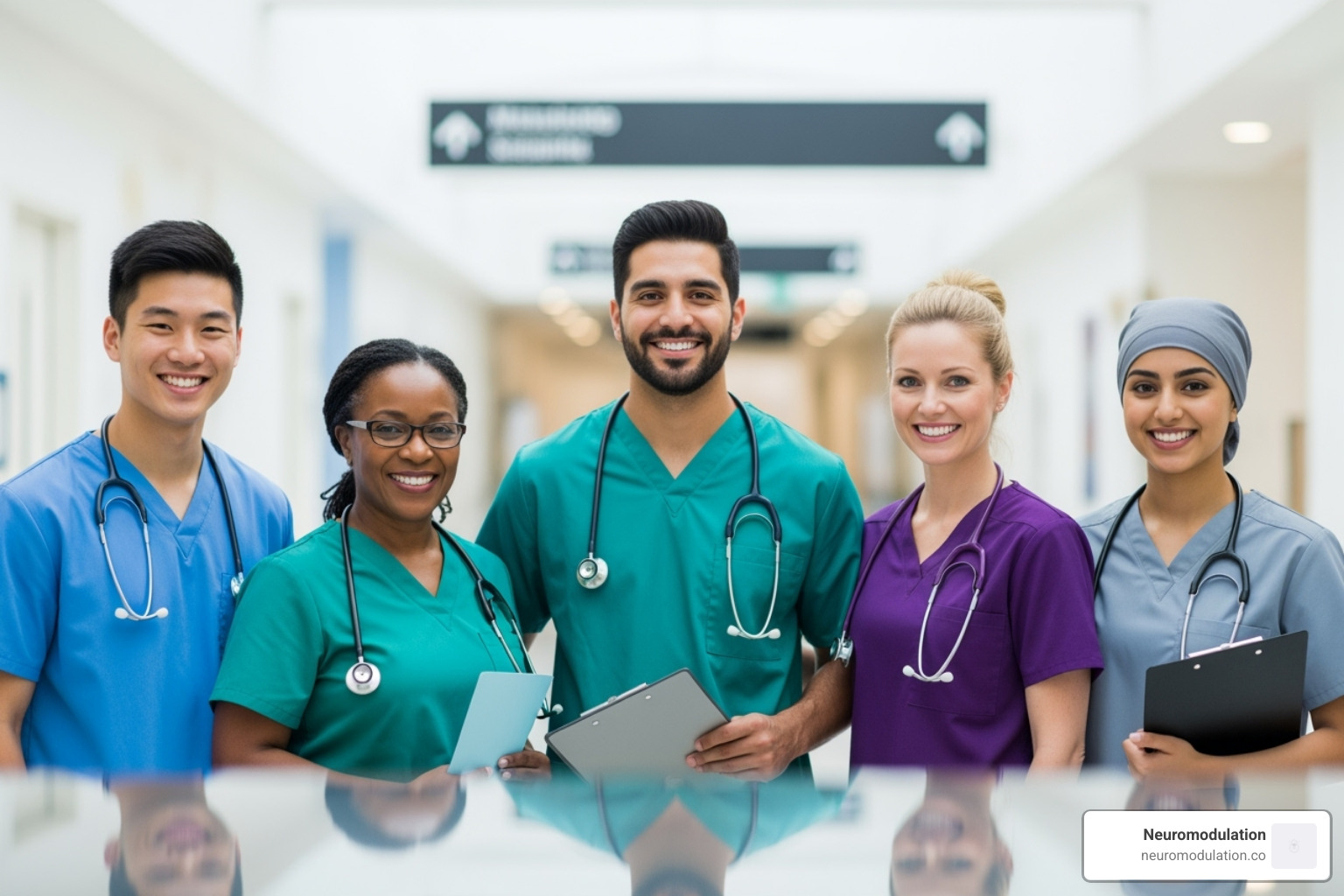 A diverse group of smiling medical professionals in scrubs - regional anesthesia fellowship
