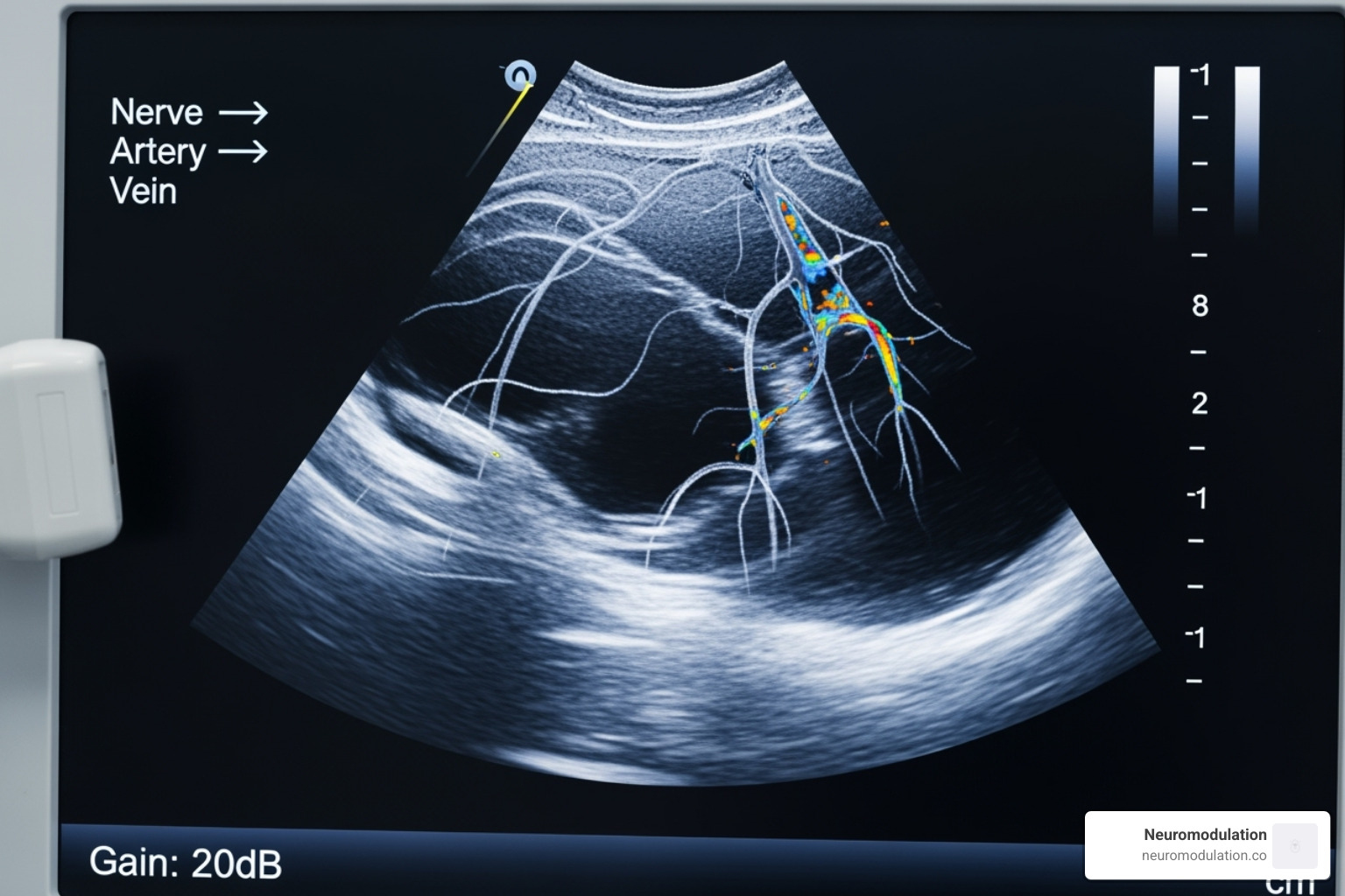 A close-up of an ultrasound screen displaying nerve structures during a procedure - regional anesthesia fellowship
