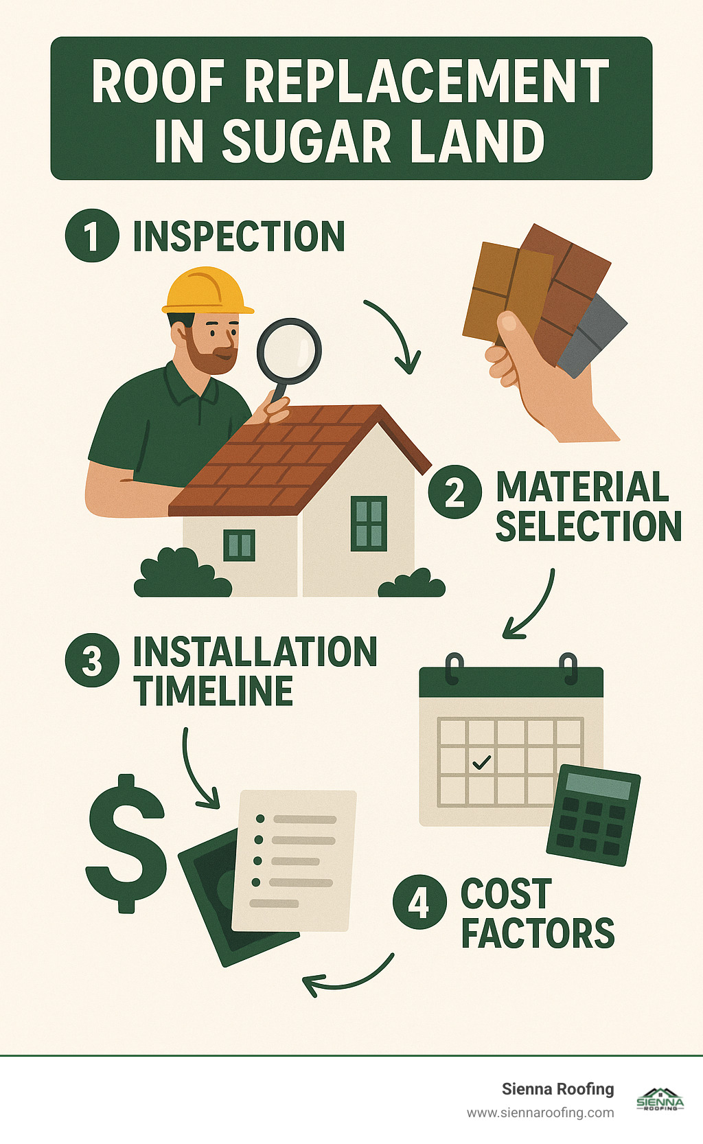 Infographic showing roof replacement process in Sugar Land including inspection, material selection, installation timeline, and cost factors - roof replacement Sugar Land infographic 