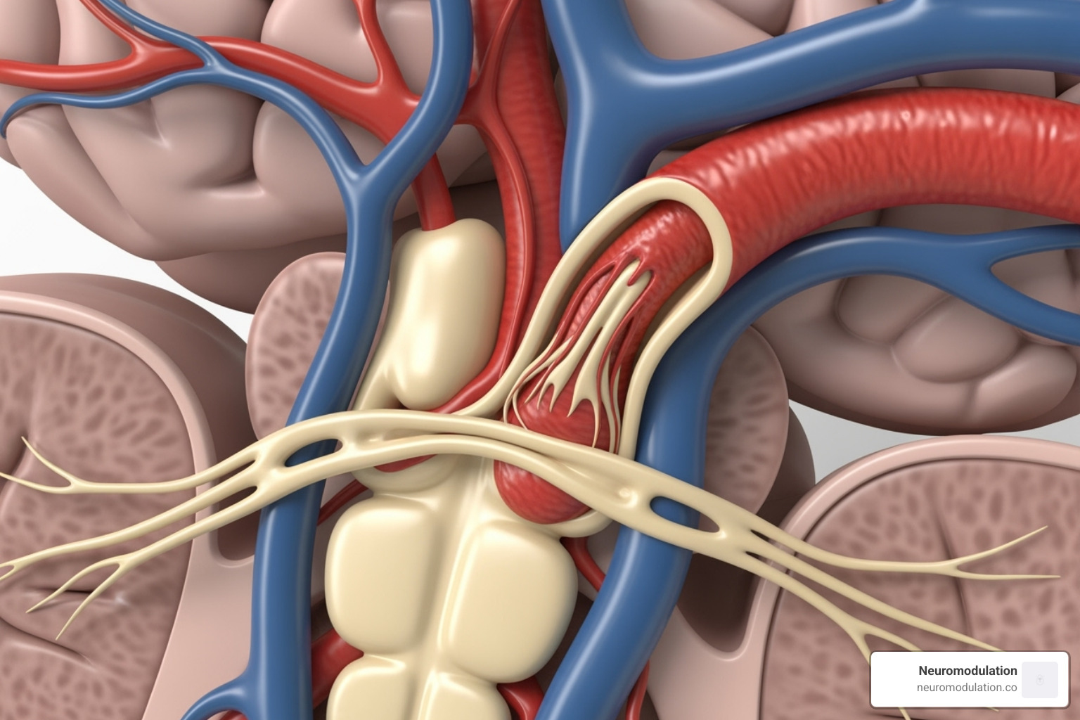Illustration of neurovascular compression at the trigeminal nerve root, showing a blood vessel pressing against the nerve - Trigeminal neuralgia relief