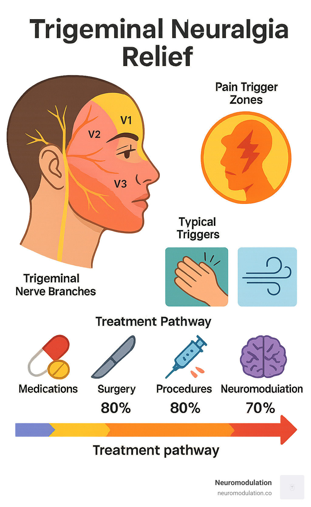 Comprehensive infographic showing trigeminal nerve branches (V1, V2, V3), common pain trigger zones on the face, typical triggers like light touch and wind, and treatment pathway from medications to surgical options with success rates - Trigeminal neuralgia relief infographic 