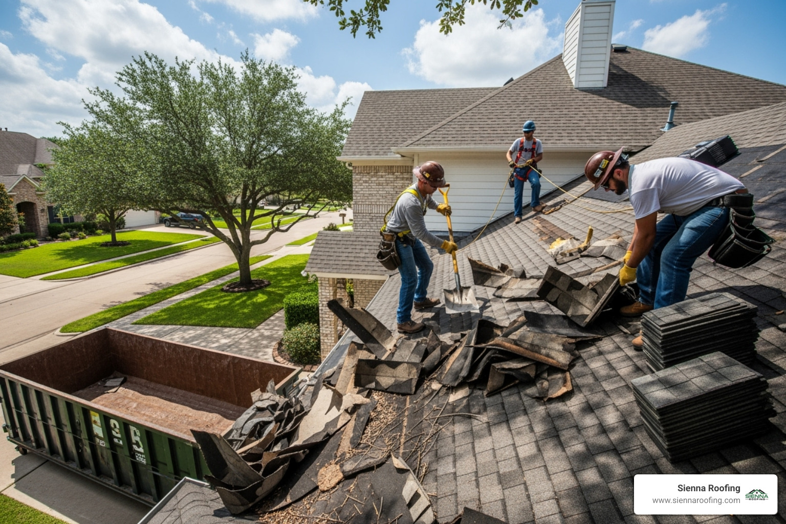 roofing crew performing tear-off of old shingles - roof replacement Sugar Land