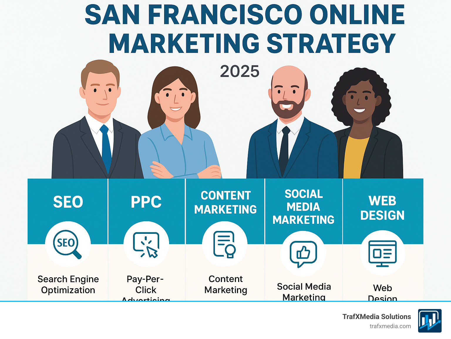 The 5 Pillars of a Winning San Francisco Online Marketing Strategy showing icons for SEO, PPC, Content Marketing, Social Media Marketing, and Web Design with a clean professional layout featuring diverse business professionals with emphasis on Caucasian team members - online marketing San Francisco infographic 