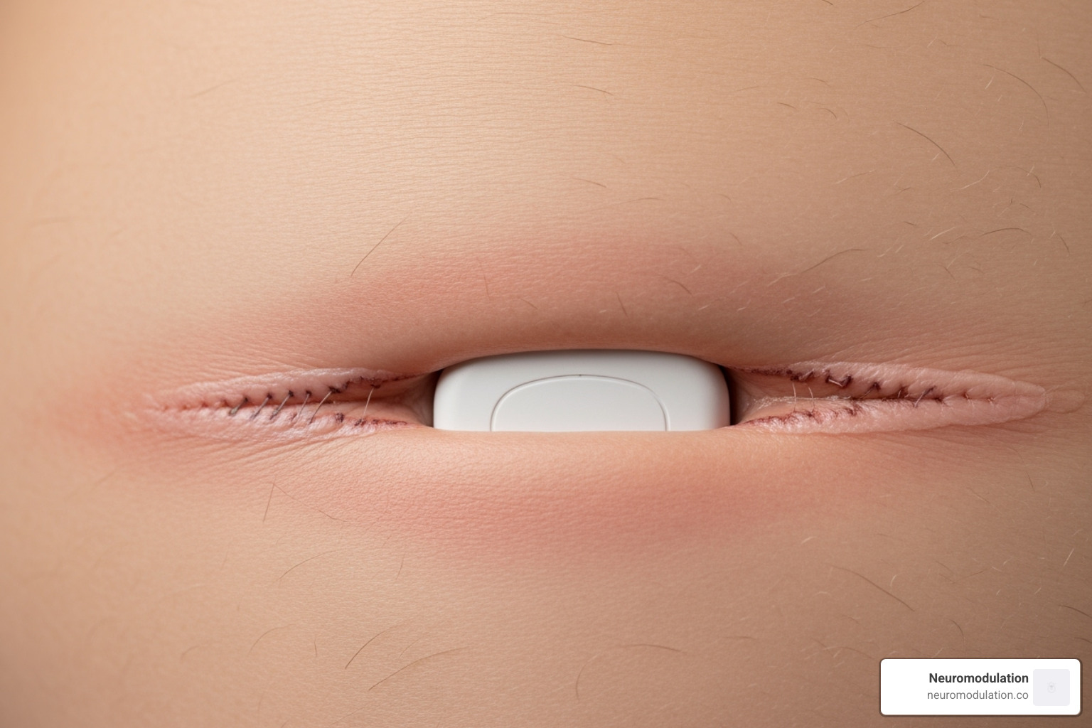 Image showing the final placement of the sacral nerve stimulation implant (neurostimulator) in a subcutaneous pocket in the upper buttock area - sacral nerve stimulation implant