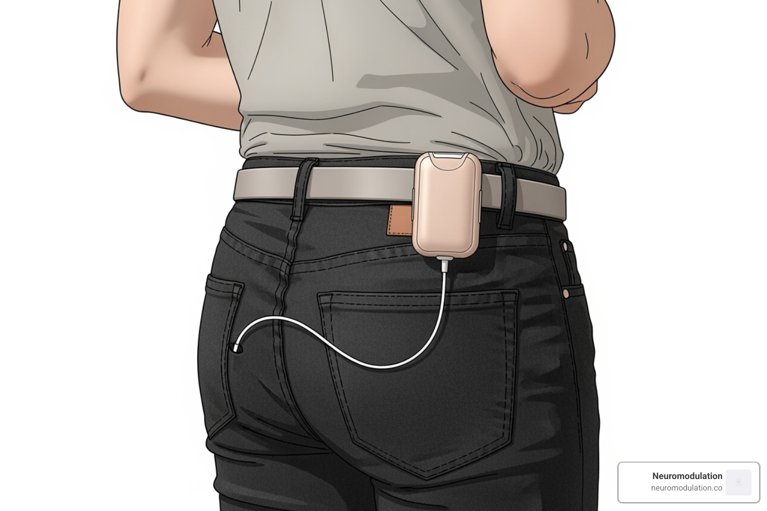 Illustration of a person with a temporary external sacral nerve stimulation device connected to a lead inserted in the lower back, worn on a belt - sacral nerve stimulation implant