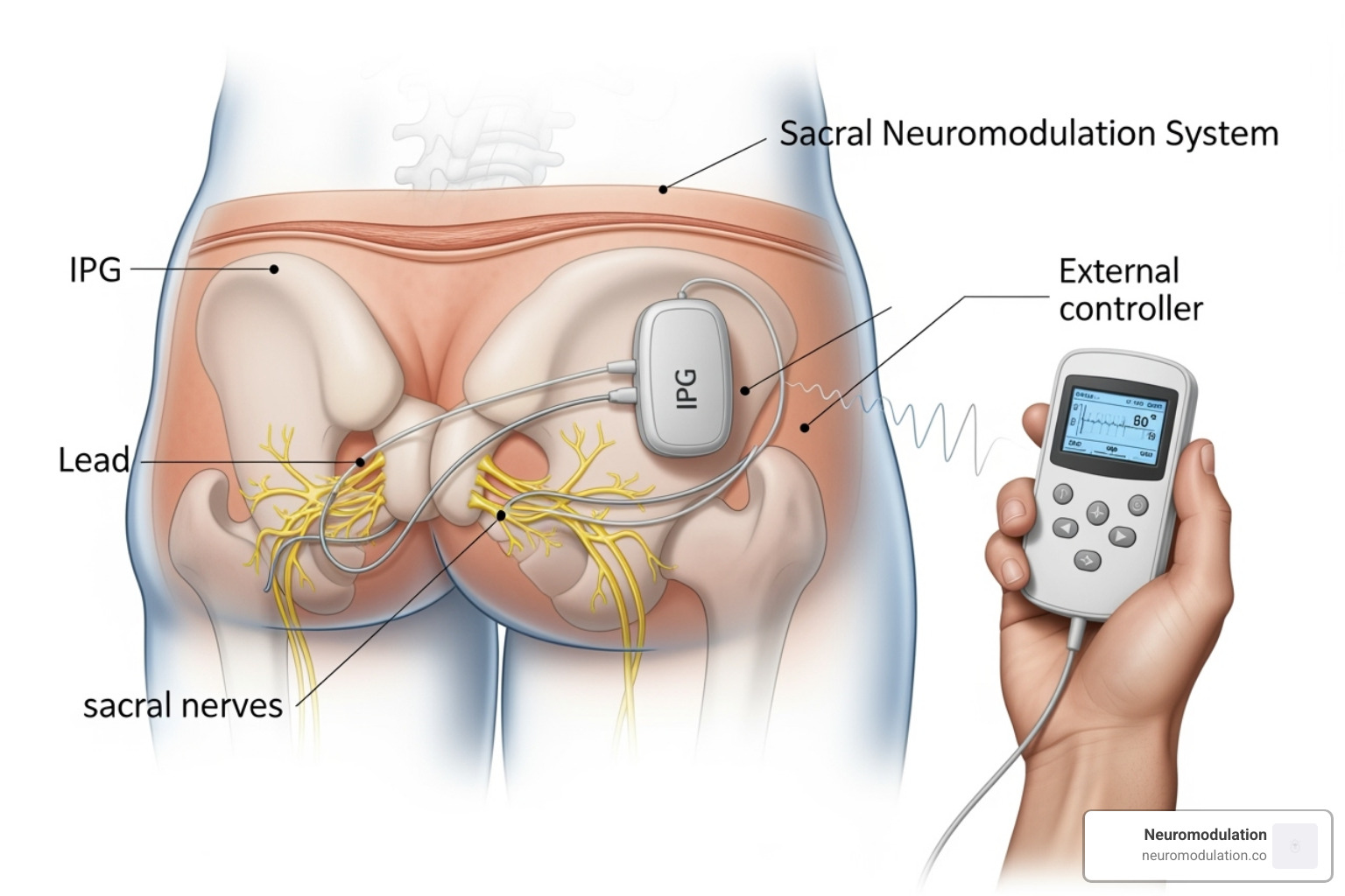 Diagram showing the implanted pulse generator (IPG) in the upper buttock, connected to a thin wire lead positioned near the sacral nerves, with a patient holding the external handheld controller - sacral nerve stimulation implant