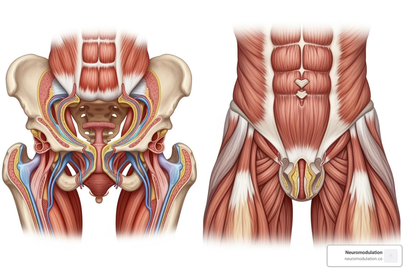 diagram showing the female and male pelvic floor muscles - bladder control solutions