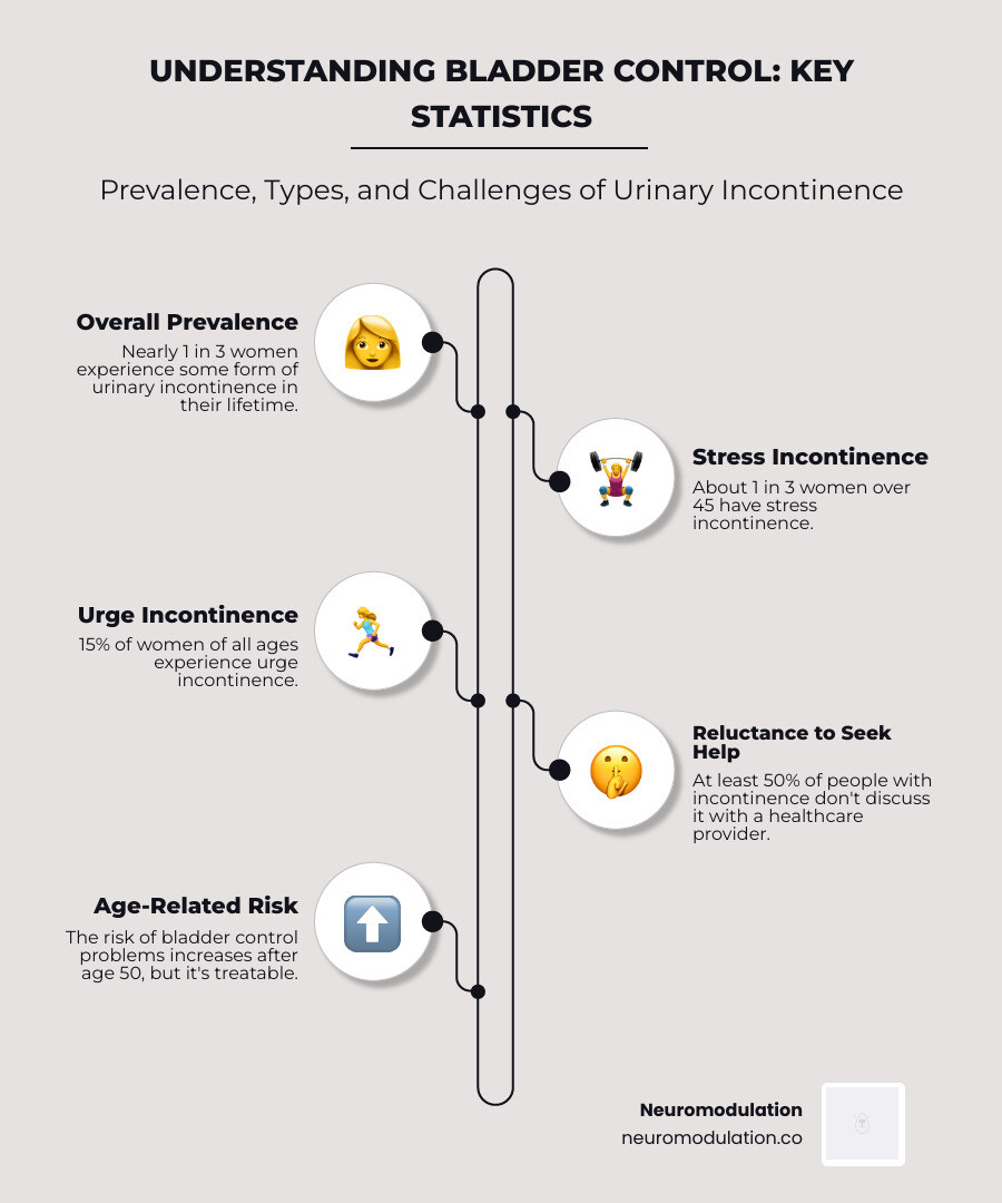 Comprehensive infographic showing bladder control statistics: 1 in 3 women experience incontinence, 1 in 3 women over 45 have stress incontinence, 15% of women have urge incontinence, at least 50% don't seek help, and risk increases after age 50 - bladder control solutions infographic infographic-line-5-steps-neat_beige