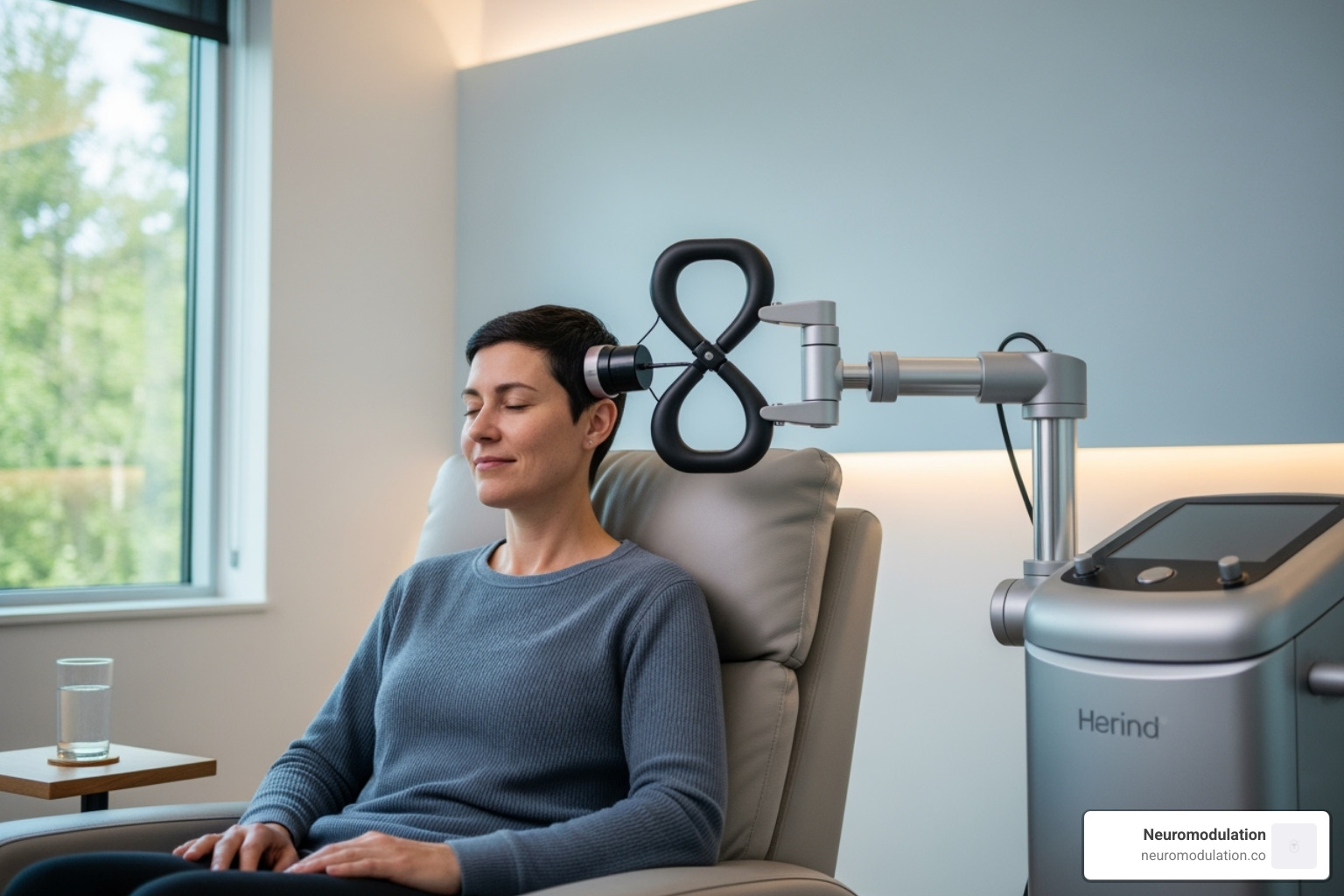 Image of a patient comfortably receiving non-invasive TMS treatment - neuromodulation for PTSD Image of a patient comfortably receiving non-invasive TMS treatment - neuromodulation for PTSD