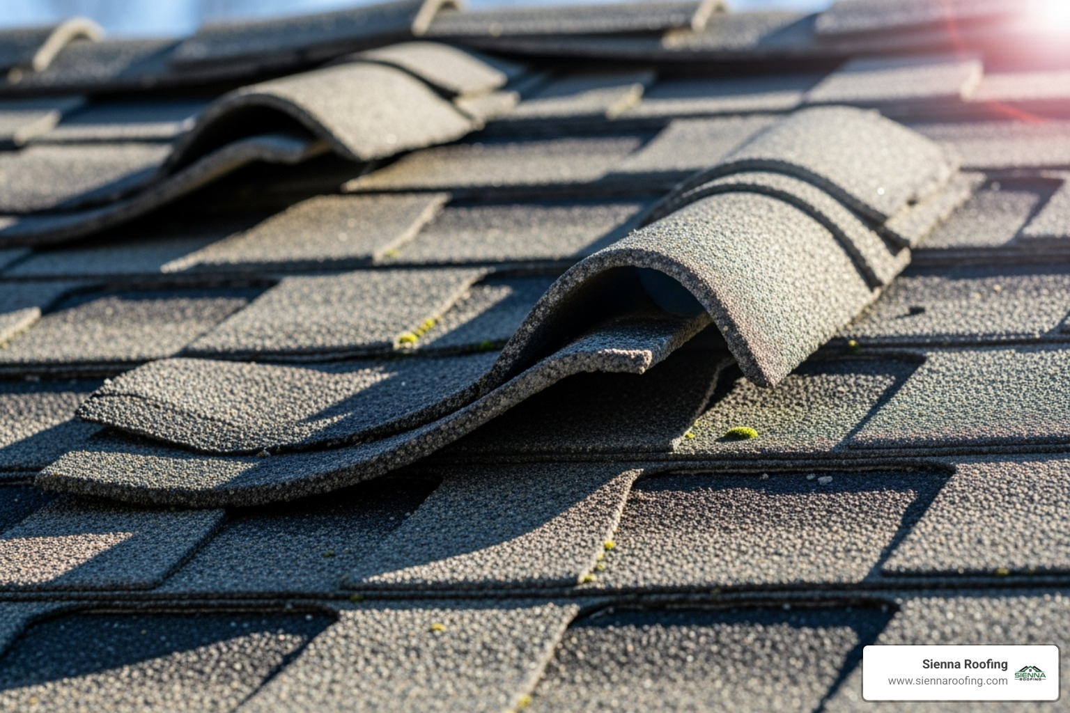 curled and damaged asphalt shingles - roofing replacement near me