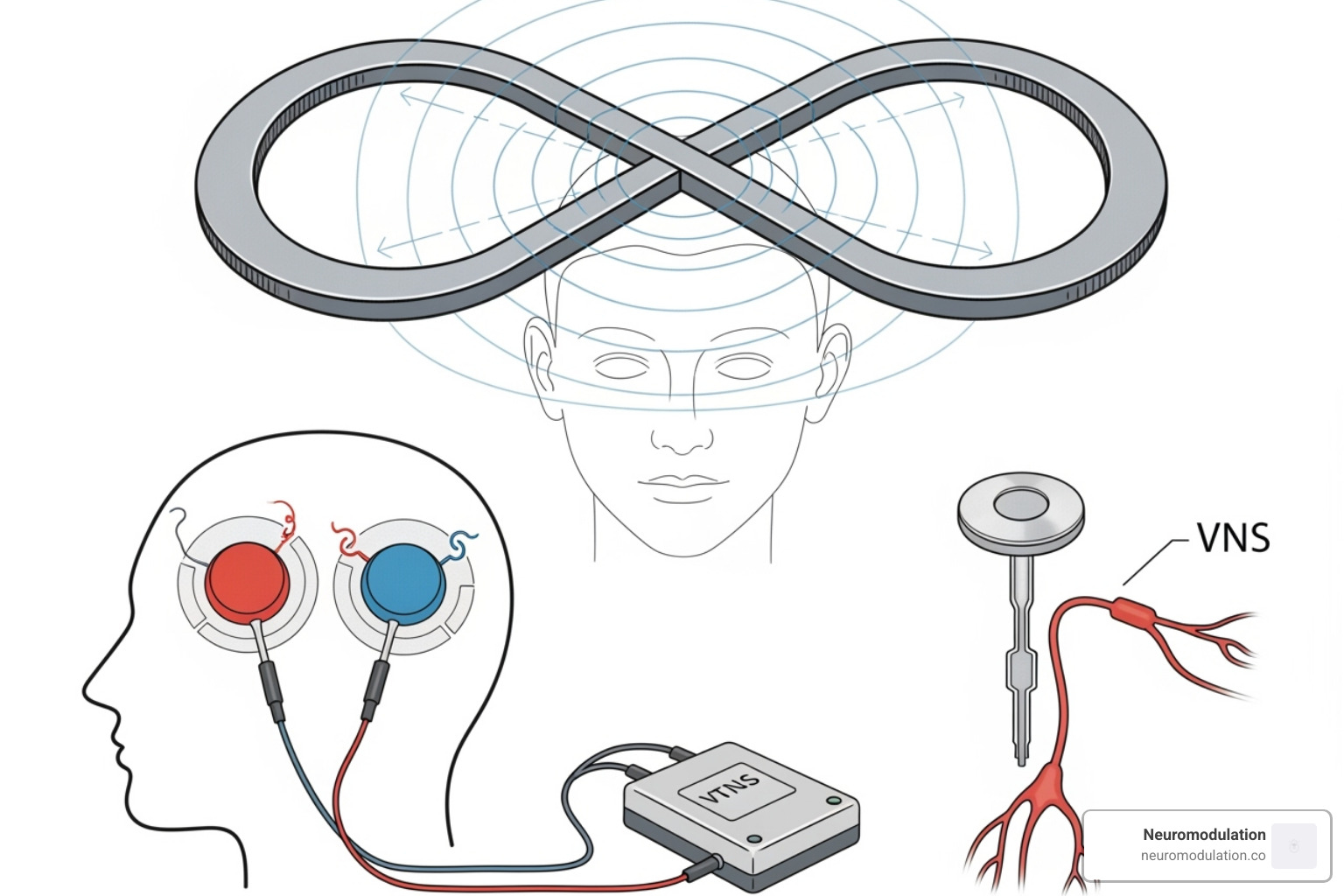 Illustration of neuromodulation devices, including rTMS coil, tDCS electrodes, and VNS implant - neuromodulation for anxiety