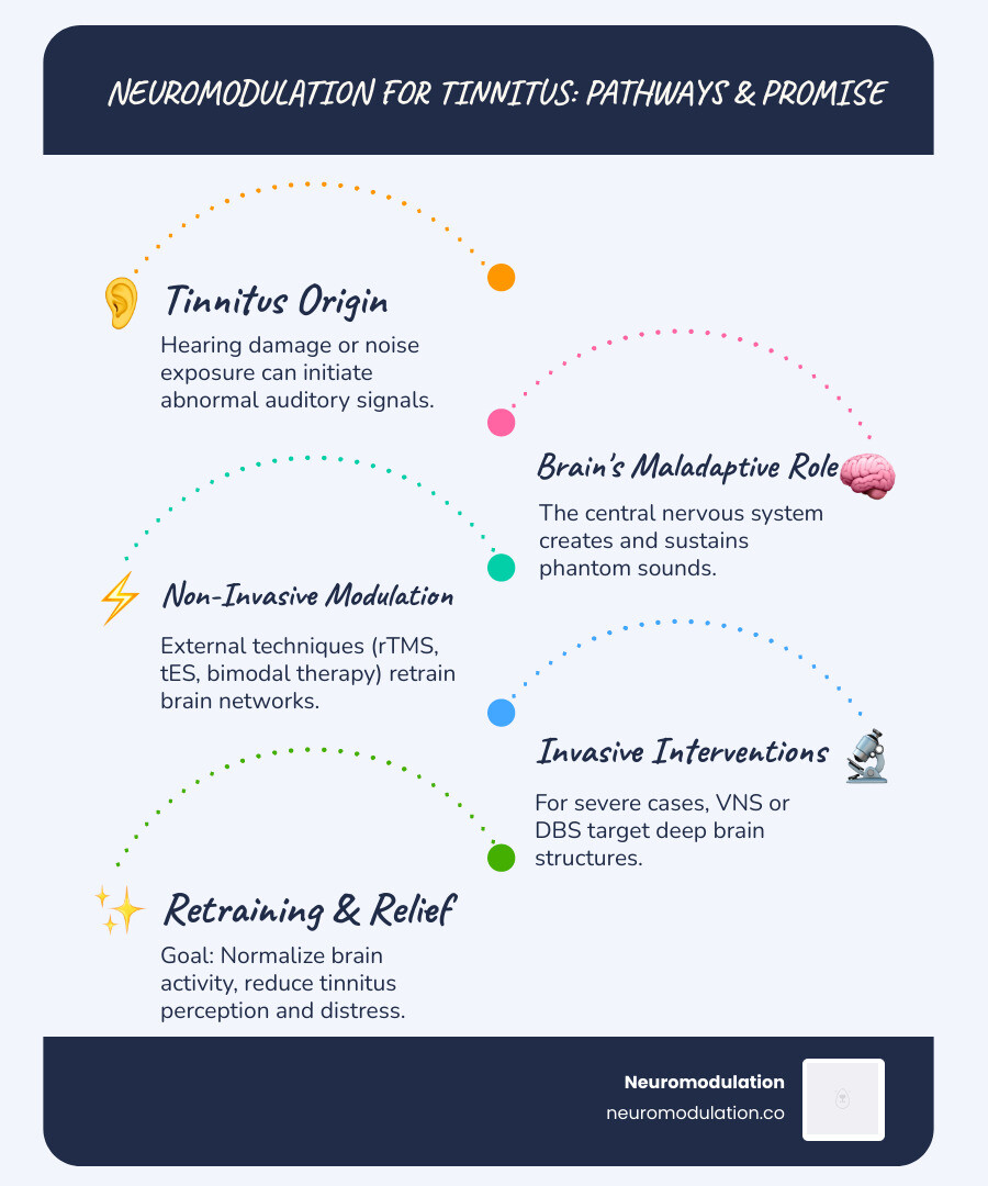 Comprehensive overview of neuromodulation pathways for tinnitus treatment, showing the progression from peripheral hearing damage through central nervous system changes to various neuromodulation intervention points including transcranial stimulation, vagus nerve pathways, and deep brain targets - neuromodulation for tinnitus infographic infographic-line-5-steps-blues-accent_colors