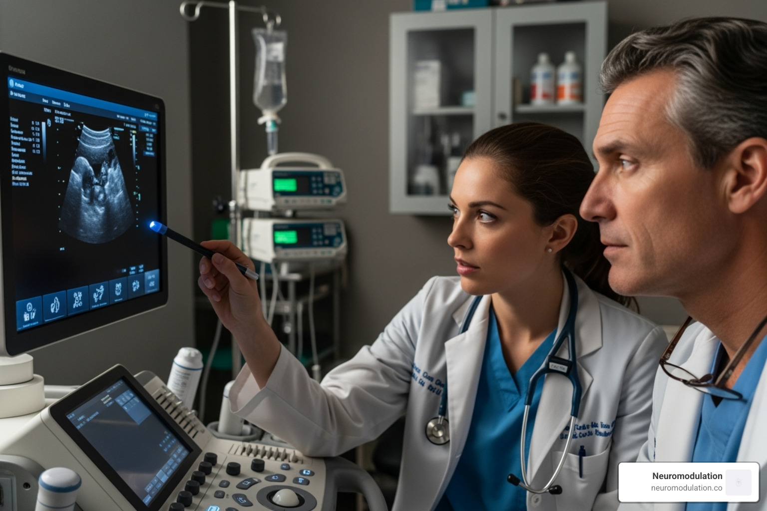 Fellow and attending reviewing an ultrasound screen together - best regional anesthesia fellowships