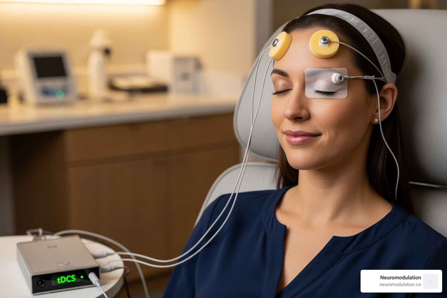 a patient comfortably receiving a non-invasive neuromodulation treatment like tDCS - neuromodulation for tinnitus