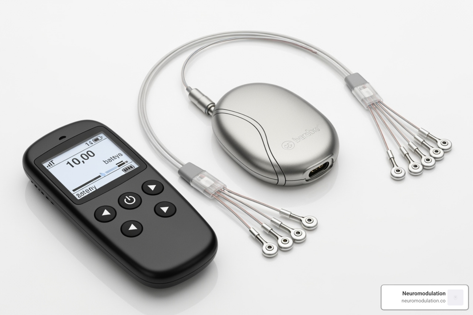 Components of an SCS system: leads, pulse generator, and remote control - spinal cord stimulator
