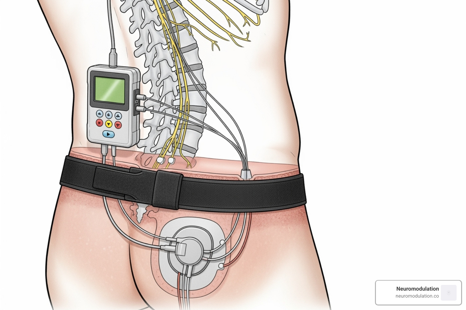Illustration showing the external trial generator connected to temporary leads and the internal permanent generator implanted under the skin with leads tunneling to the spine - spinal cord stimulator