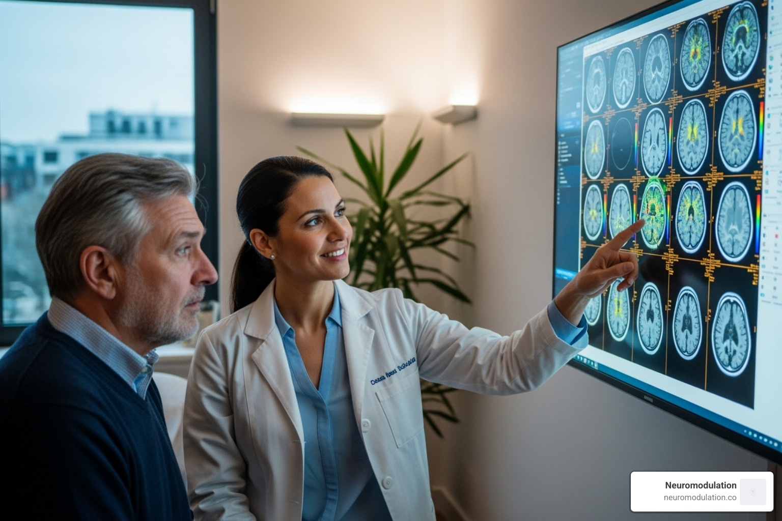 A compassionate doctor reviewing brain scans with a patient - neuromodulation for epilepsy